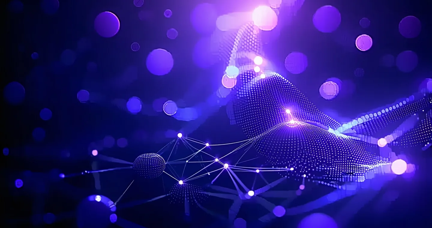 Abstract visualization of interconnected workflow nodes glowing purple on deep navy background, representing automated data orchestration